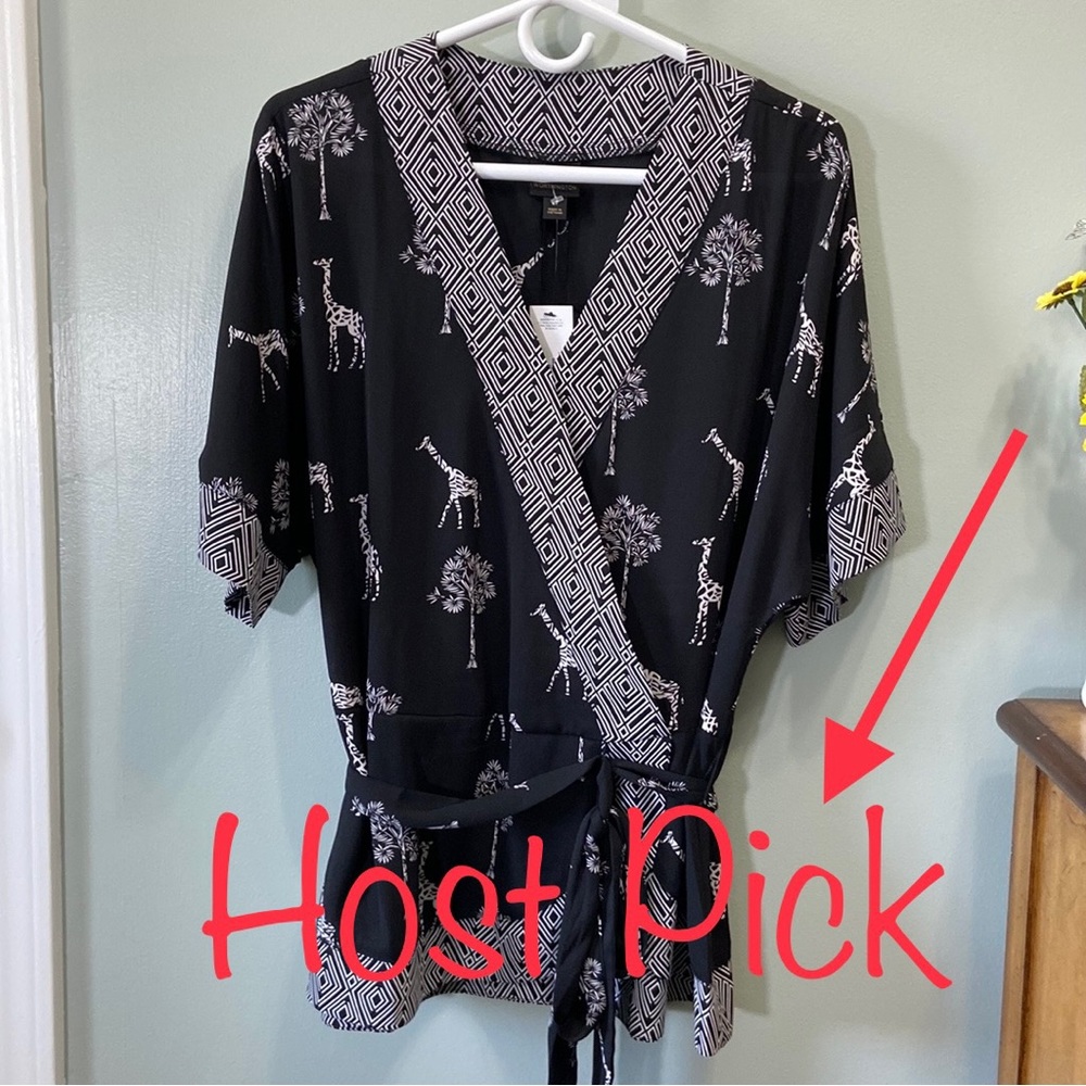Worthington Women’s Black Kimono Style Dolman Safari Giraffe Blouse Sz L…